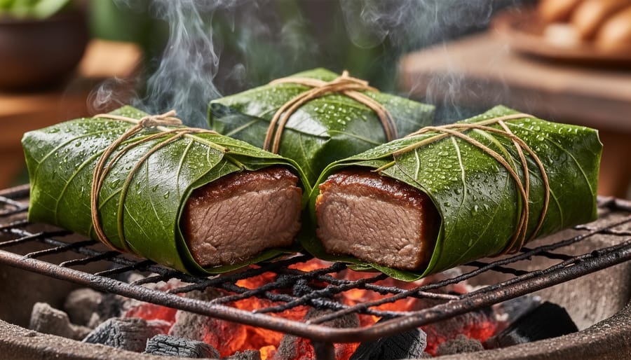 Pork shoulder wrapped in banana leaves placed on hot rocks in smoking pit