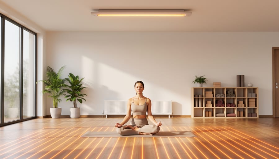 Calm modern yoga studio with a person meditating on a mat, ceiling-mounted infrared panel heater, oil-filled radiator along the perimeter wall at a safe distance, warm bamboo floor suggesting radiant heating, and soft daylight with plants and storage cubbies in the background.