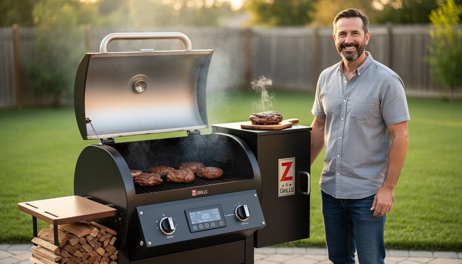 Z Grill pellet smoker with open lid on outdoor patio showing cooking grates