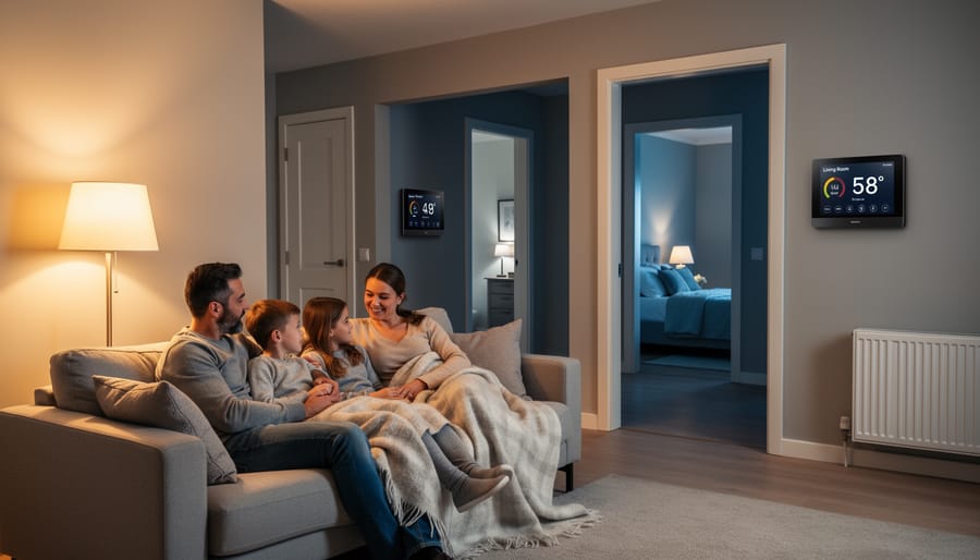Family room with fireplace demonstrating zone heating strategy