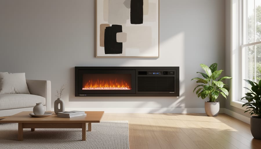Modern electric fireplace with flame effects mounted on living room wall