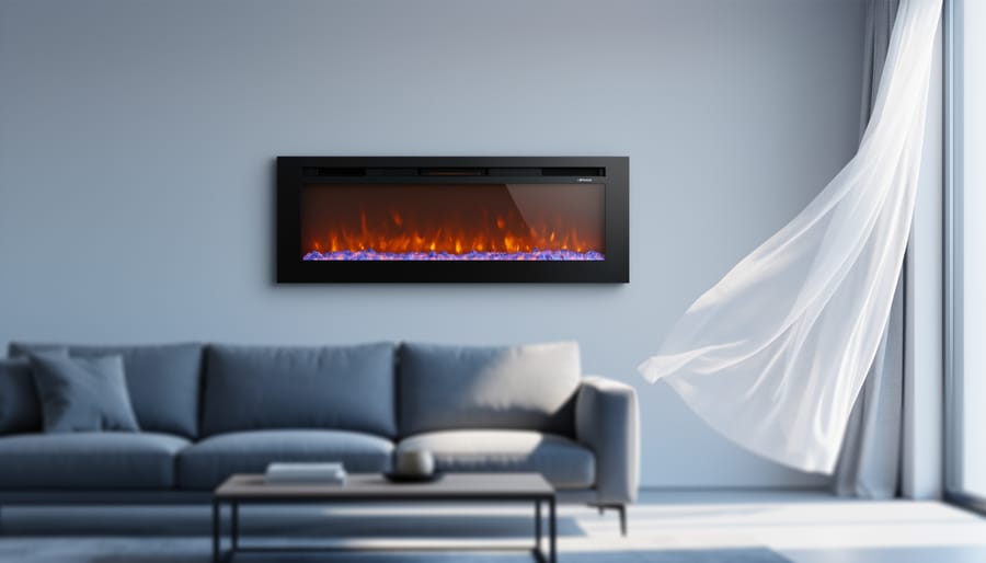 Wall-mounted electric fireplace with realistic flame effects in a contemporary living room; soft daylight, warm glow, and a slightly billowing sheer curtain behind a sofa and coffee table suggest year-round heating and cooling.