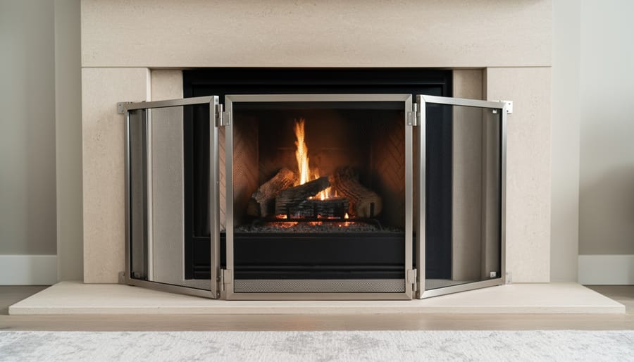 Close-up of hands adjusting the side panel of a three-panel fireplace screen