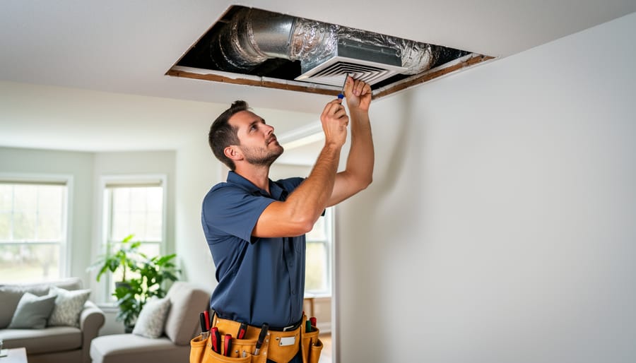 Homeowner adjusting floor register damper to balance heating system airflow