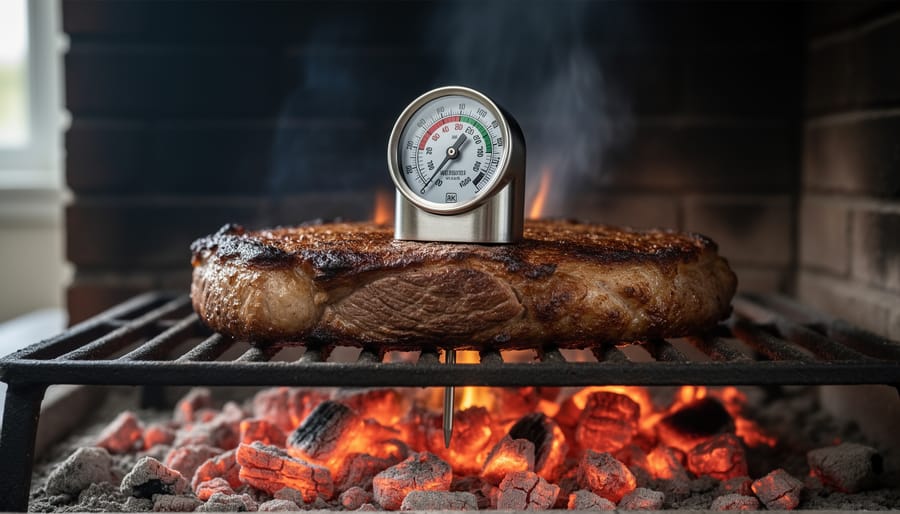 Analog dial meat thermometer inserted in roast cooking over fireplace embers
