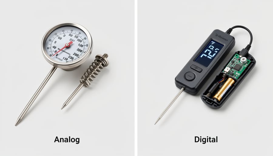 Analog and digital meat thermometers displayed side by side on wooden surface