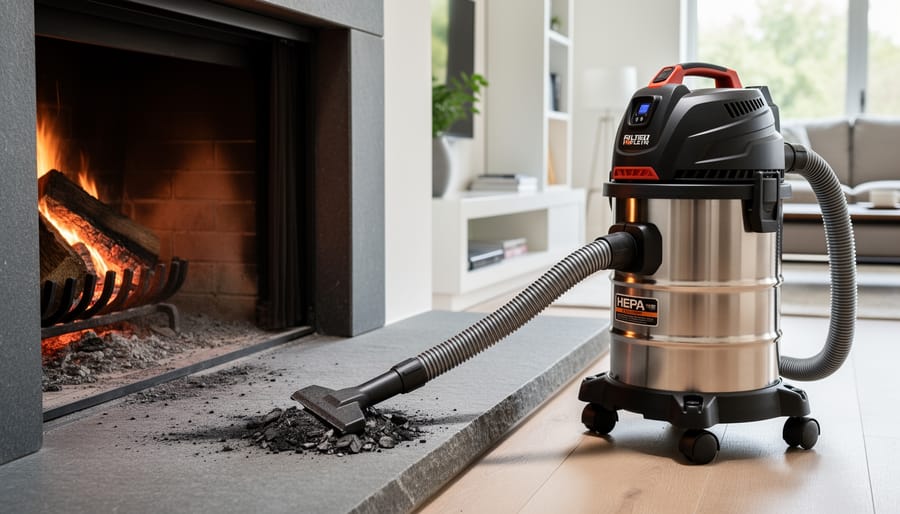 Metal ash vacuum with HEPA filter showing specialized construction for safe ash removal