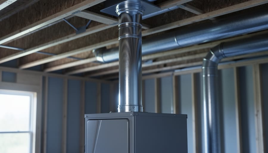 Double-wall B-vent pipe rising vertically from a standard-efficiency gas furnace in an interior utility room, with minimal elbows and a ceiling penetration toward a roof cap, under soft diffused daylight.