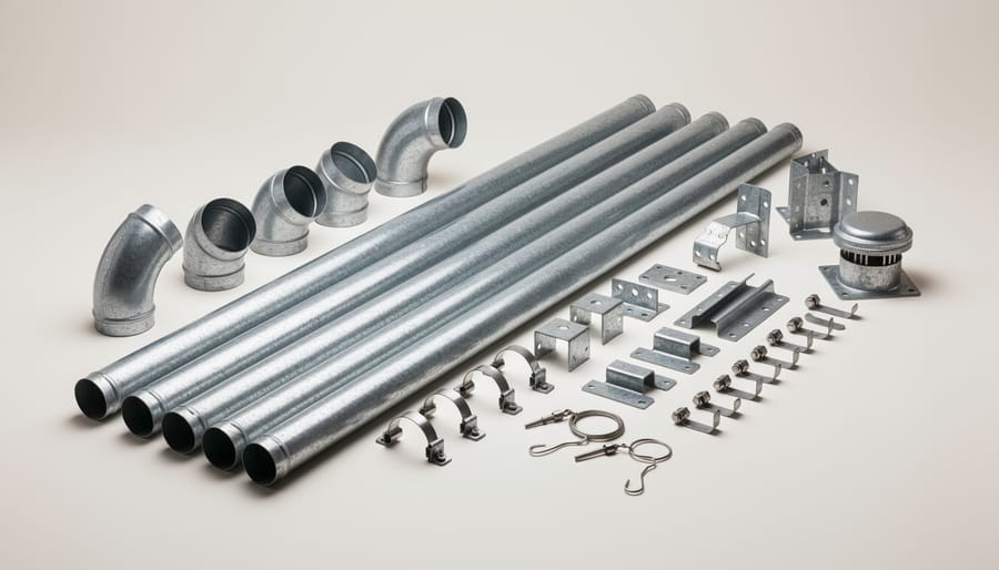 Assortment of B-vent chimney system components including pipes, elbows, brackets and termination cap
