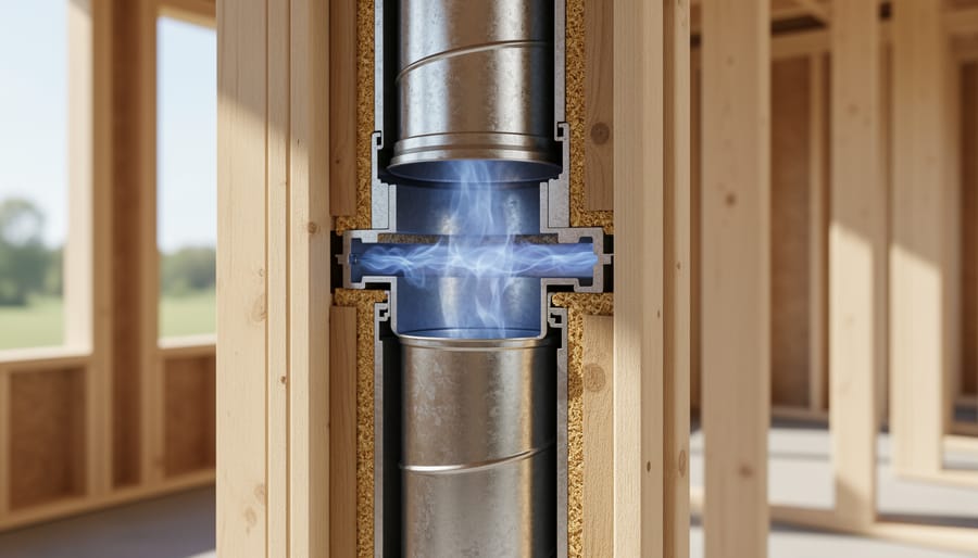 Cross-section view of double-wall B-vent chimney pipe showing inner and outer metal walls