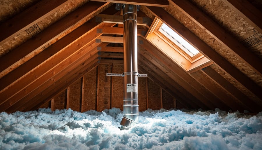 B-vent chimney pipe running vertically through attic rafters with proper clearances