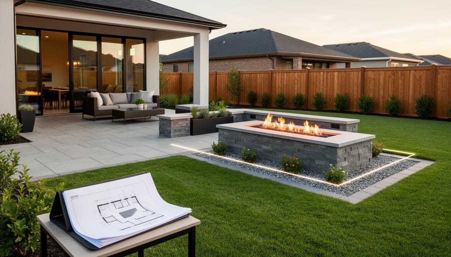 Aerial view of backyard showing outdoor fireplace positioned with proper setbacks from property boundaries