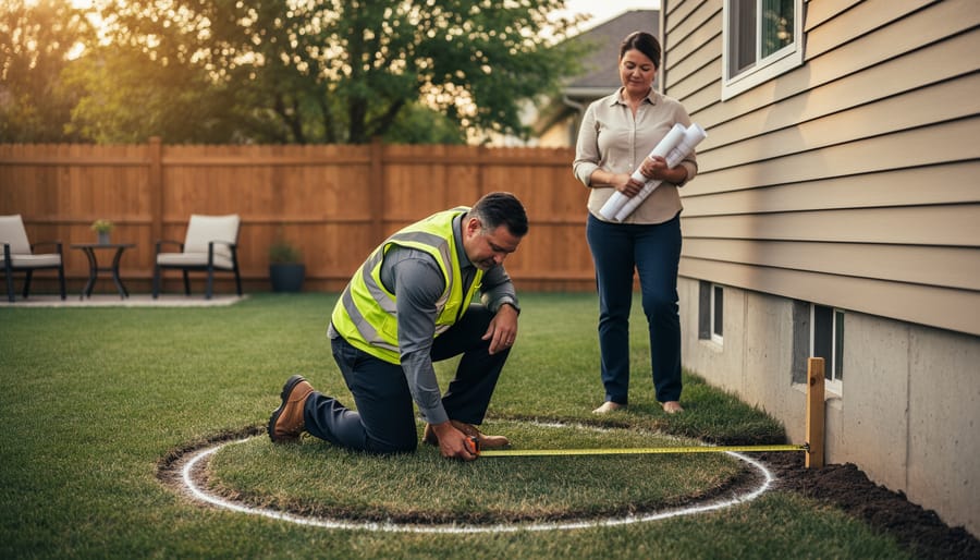 City inspector measuring distance from a house to a staked circle for a planned outdoor fireplace as a homeowner holds rolled plans, with a fenced suburban backyard and trees softly blurred at golden hour.