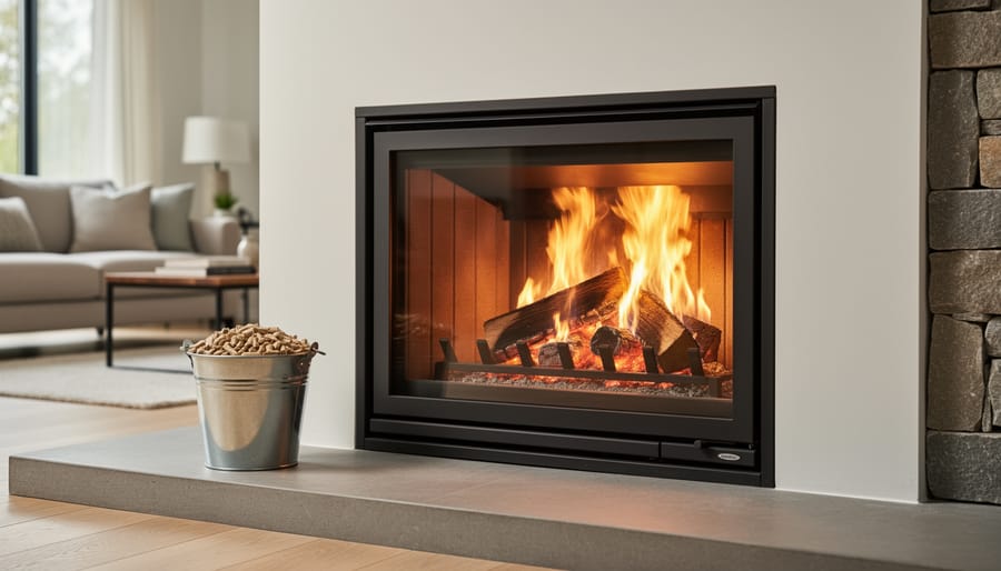 Biomass fireplace insert burning with clean efficient flames in modern home