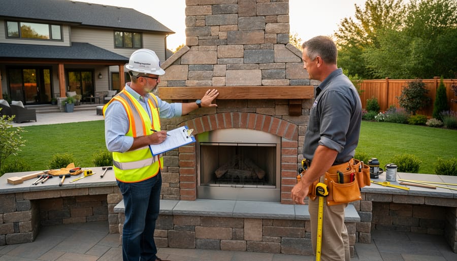 Building inspector reviewing outdoor fireplace construction with clipboard