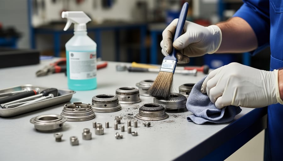 Disassembled gas stove burner parts including cap, head, and grate on kitchen towel