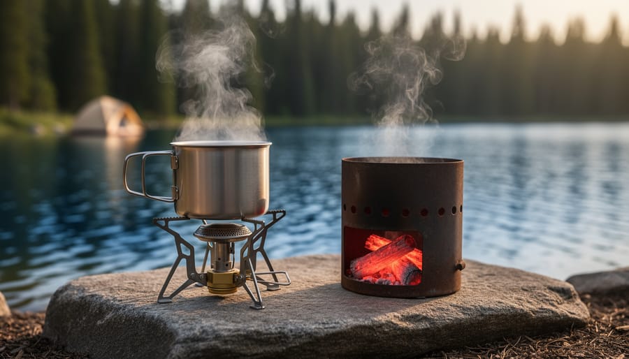 Compact canister stove with windscreen simmering a pot next to a small wood-burning stove on a flat rock at a lakeside forest campsite at golden hour, with a tent and pines softly blurred in the background.