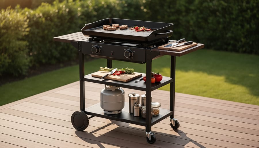 Cart-style outdoor flat-top gas griddle with wheels and side shelves on wooden deck