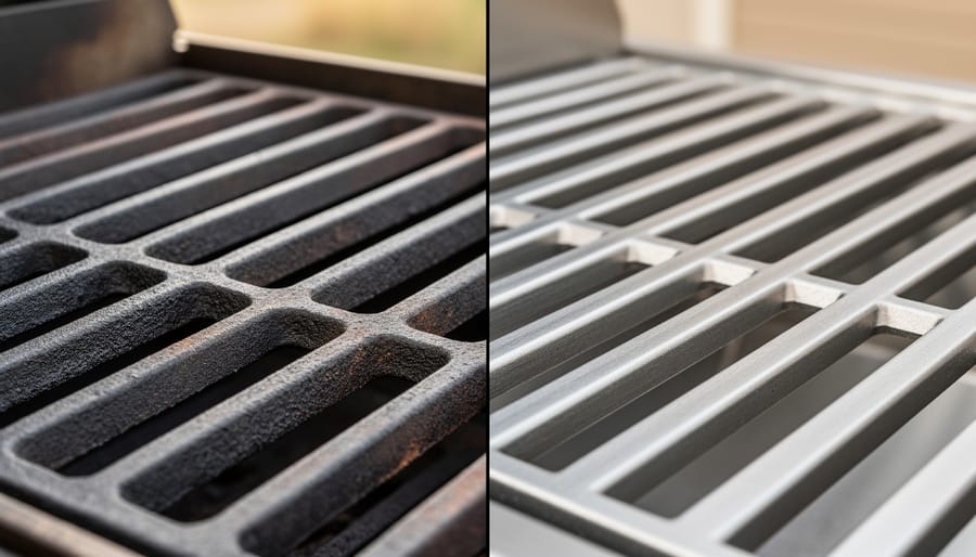Side-by-side comparison of cast iron and steel fireplace grates on hearth