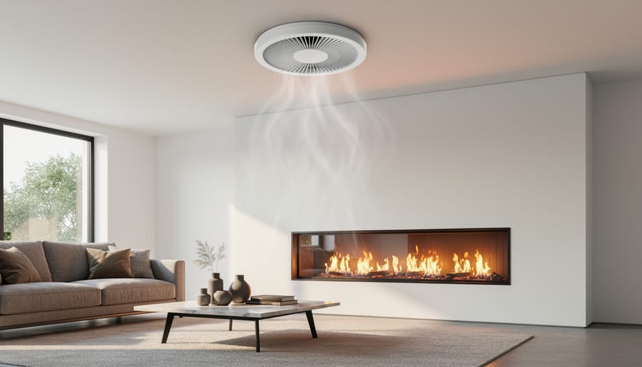 White 6-inch ceiling air diffuser installed above a residential fireplace
