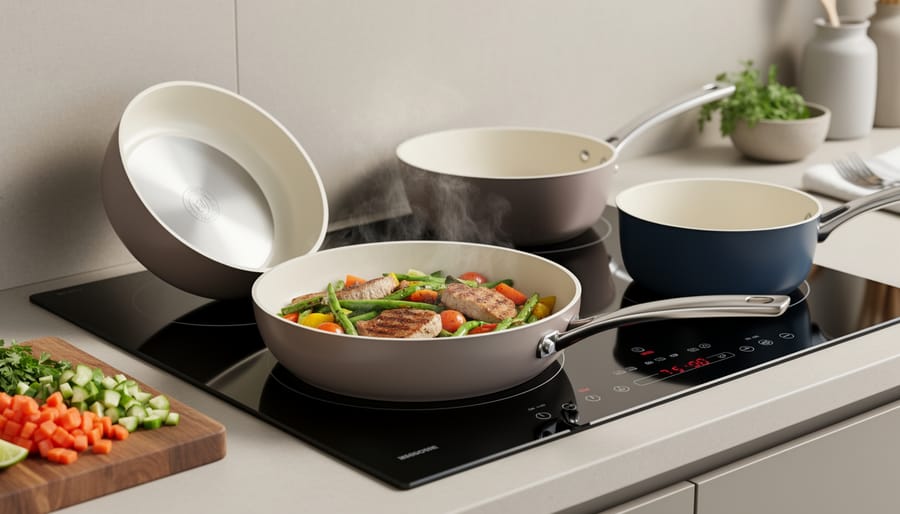 Ceramic-coated pan cooking vegetables on induction cooktop with digital display