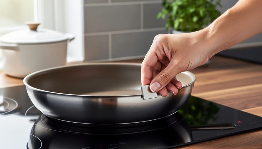 Hand holding a small magnet to the stainless base of a ceramic-coated pan on a black induction cooktop, with a blurred pure ceramic pot and modern kitchen background in soft natural light.