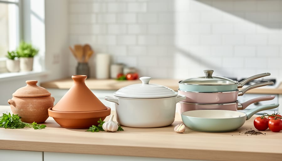 Three types of ceramic cookware displayed on kitchen counter showing variety of options