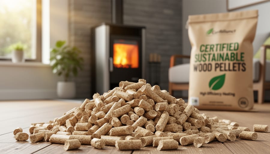 Close-up of wood pellets with certification mark on bag in background