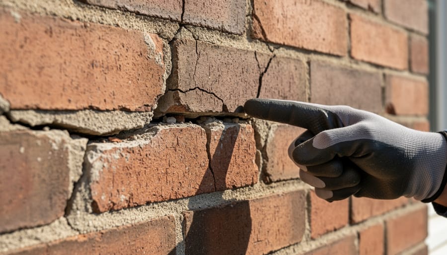 Close-up of chimney exterior showing damaged mortar joints and cracked masonry