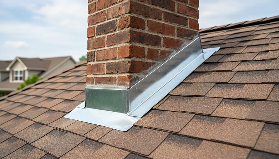 Close-up of metal chimney flashing properly installed around chimney on shingled roof