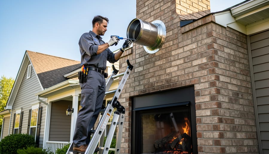 Homeowner performing chimney liner maintenance with specialized cleaning tools