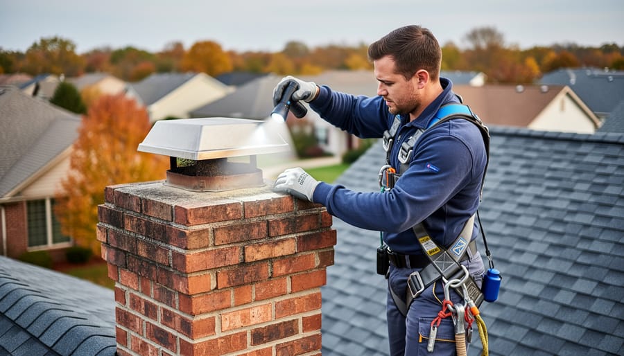 Chimney sweep wearing a safety harness examines a brick chimney on a house roof, lifting the metal cap and shining a flashlight into the flue, with rust streaks and cracked crown visible.