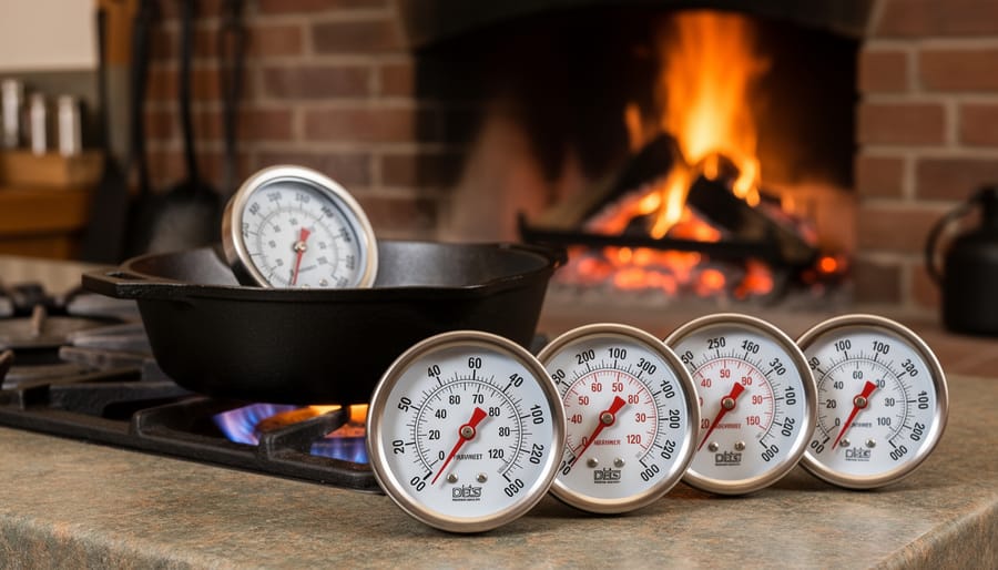 Hand holding analog instant-read meat thermometer near fireplace