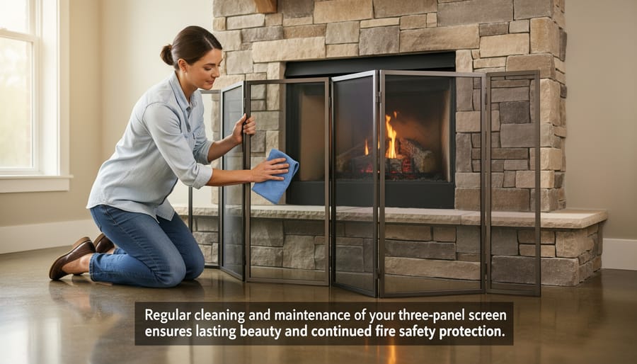 Person cleaning a brass three-panel fireplace screen with soft cloth
