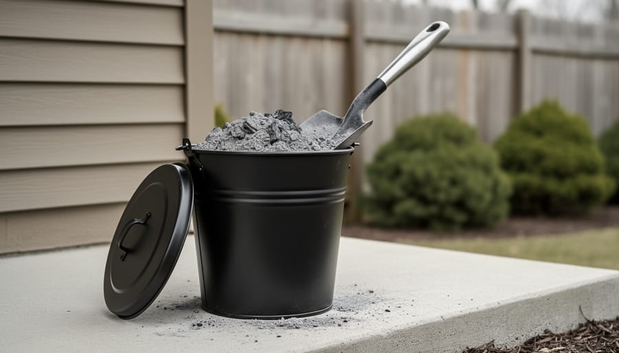 Black metal ash bucket with tight lid on a concrete pad beside a steel shovel holding cooled gray coal ash; wooden house and fence softly blurred in the background to show safe distance.