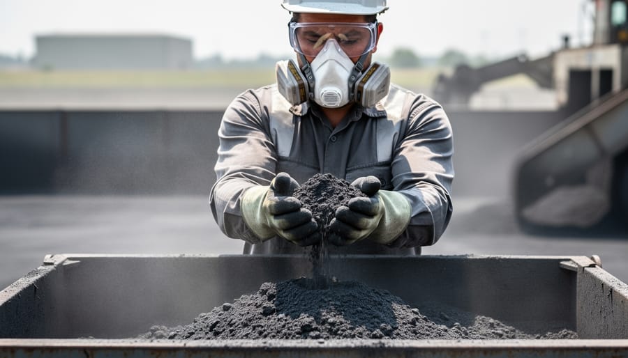 Person wearing safety equipment including dust mask and gloves while handling ash container