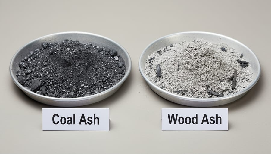 Side-by-side comparison of dark coal ash and lighter wood ash in metal containers