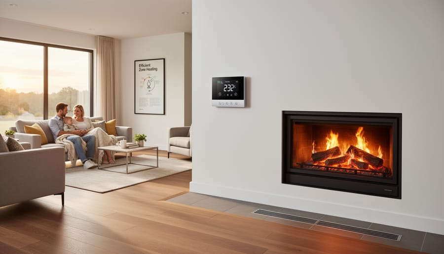 Family relaxing in living room with fireplace and modern thermostat showing combined heating approach