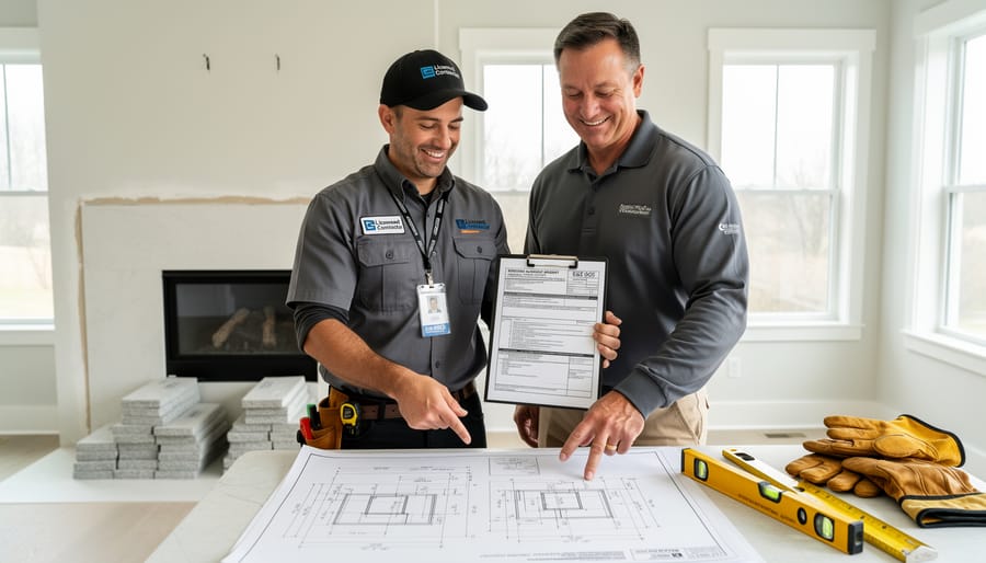 Homeowner and contractor reviewing fireplace construction plans together