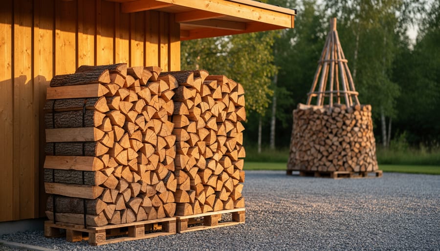 Backyard firewood stacked in a crisscross pattern on pallets under a roof overhang, with a circular holzhaufen wood tower in the background, gravel base and trees, lit by warm golden-hour sunlight.