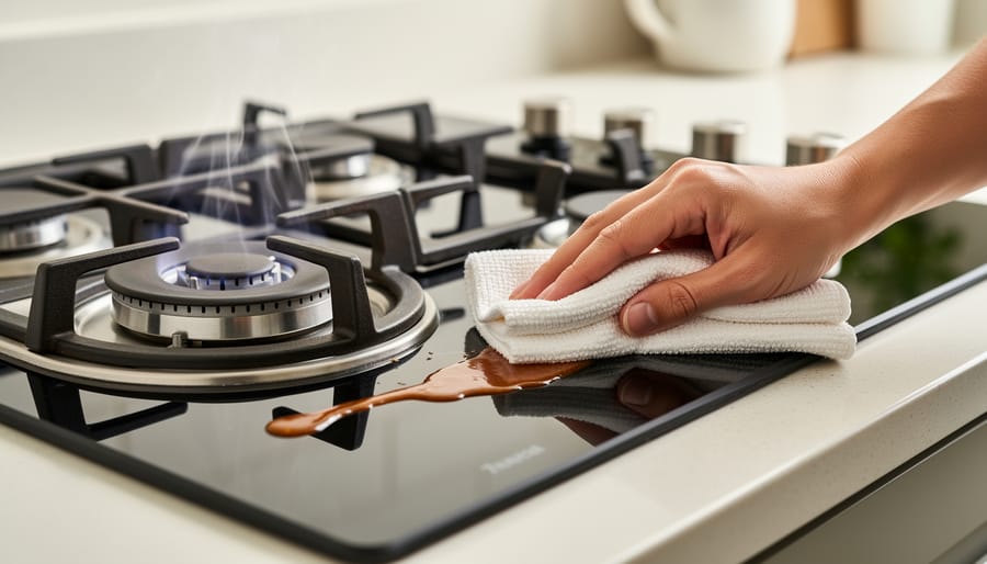 Hand cleaning gas stove surface with microfiber cloth after cooking