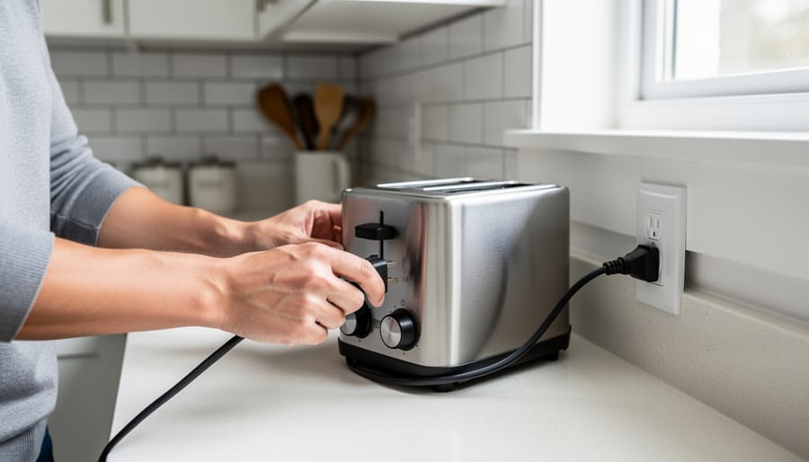 Power cord plugged into wall outlet on kitchen counter
