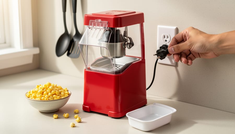 Unplugged red popcorn maker on a clean kitchen counter with butter warming tray removed and popping chamber visible, a hand inspecting the power cord near a wall outlet, small bowl of kernels nearby, softly lit kitchen background slightly blurred.