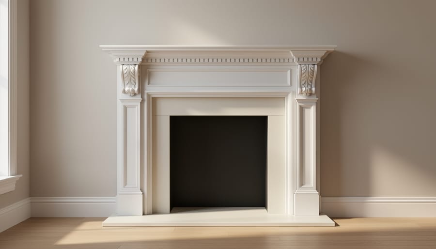 Elegant white fireplace surround with decorative crown moulding and corbels in traditional living room