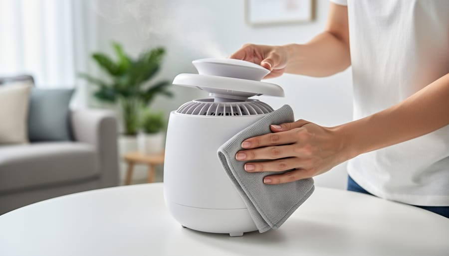 Person cleaning a 6-inch air diffuser with a microfiber cloth