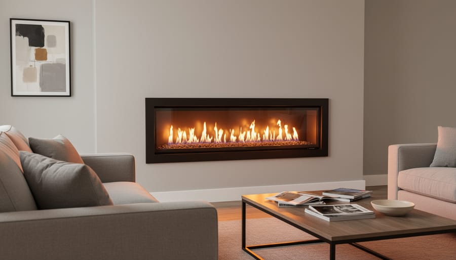 Modern gas fireplace installed in contemporary living room with comfortable seating