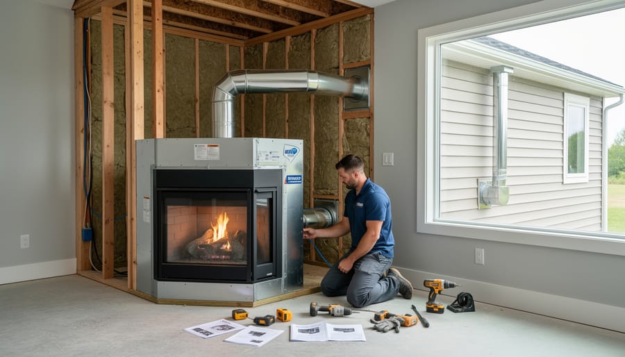 Direct vent pipe installation showing exterior wall penetration for gas fireplace venting system