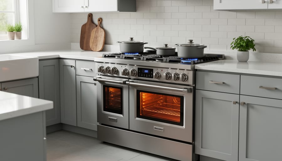 Dual fuel cast iron stove with burning fire in contemporary living room setting