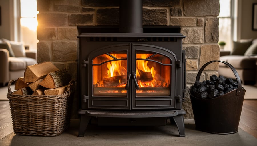 Eye-level photo of a cast-iron dual fuel stove with flames behind glass, a log basket and a metal coal scuttle beside it, set against a softly blurred stone hearth and living room background in warm light