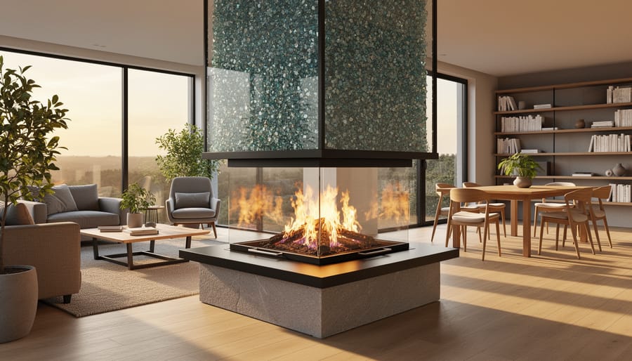 Modern open-concept living and dining area featuring a four-sided glass fireplace with matte black steel frame and stone base, flames visible on multiple sides, with dining table and a cozy reading nook in the background under warm golden light.